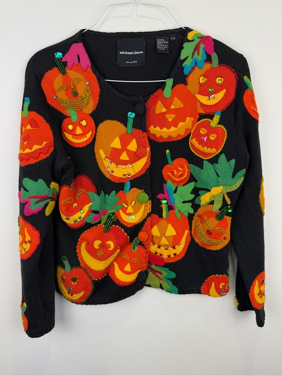 Michael Simon Sweaters - Vintage Michael Simon Halloween Pumpkin Cardigan P/S 90s Beaded Novelty Sweater
